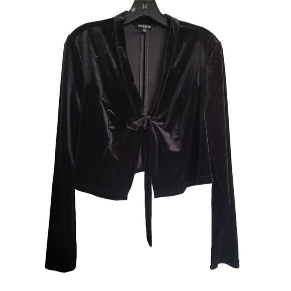 Torrid Tie Front Velvet Cropped Open Front Long Sleeve Jacket Deep Black Size 00 - Picture 5 of 13
